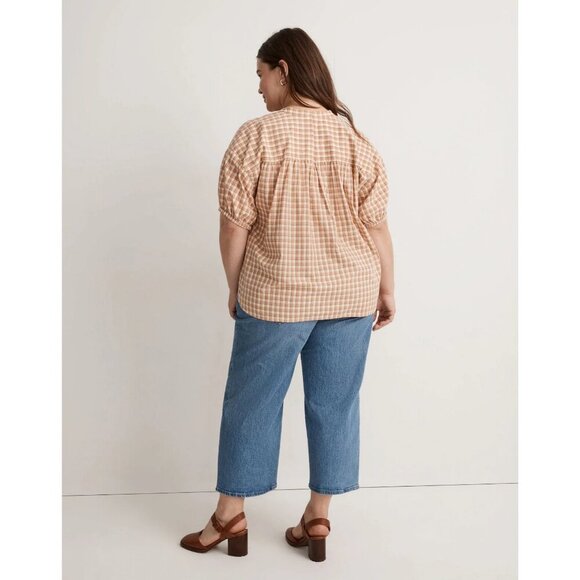 Madewell Crinkle Cotton Bubble-Sleeve Popover Check Fauna‎ Flowy Shirt Women XL - Picture 3 of 15